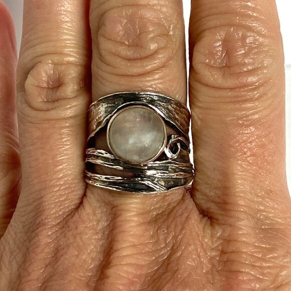 Sterling Silver 925 YS India Modernist Moonstone Wide Band Ring Sz 7.5-7.75 - Picture 12 of 16